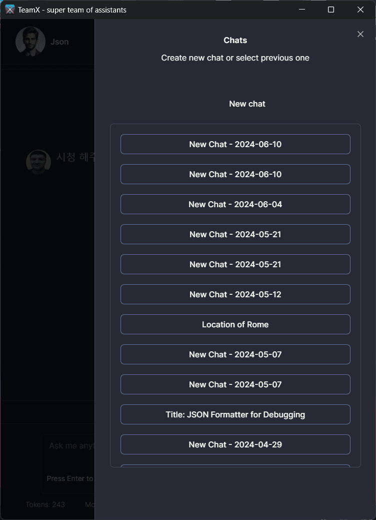 Team X app - History of chats